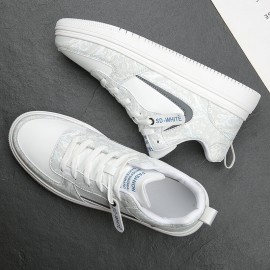 Men Leather Breathable Soft Sole Pattern Splicing Lace Up Casual Court Shoes
