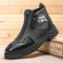 Men Leather Breathable Soft Sole Halloween Skull Pattern Zipper Casual Martin Ankle Boots