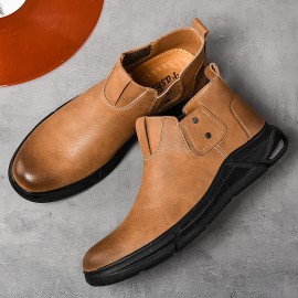 Men Retro Cowhide Leather Non Slip Soft Sole Elastic Slip On Chelsea Boots