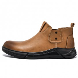 Men Retro Cowhide Leather Non Slip Soft Sole Elastic Slip On Chelsea Boots