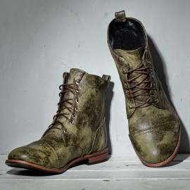 Men Leather Breathable Soft Sole Non Slip Lace Up Square Heel Casual Martin Boots