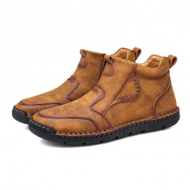 Men Hand Stitching Microfiber Leather Comfy Non Slip Side Zipper Ankle Boots
