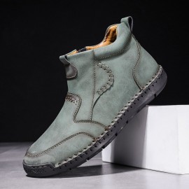 Men Hand Stitching Microfiber Leather Comfy Non Slip Side Zipper Ankle Boots
