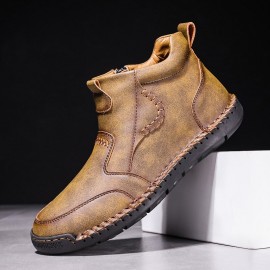 Men Hand Stitching Microfiber Leather Comfy Non Slip Side Zipper Ankle Boots