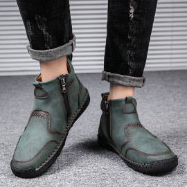 Men Hand Stitching Microfiber Leather Comfy Non Slip Side Zipper Ankle Boots