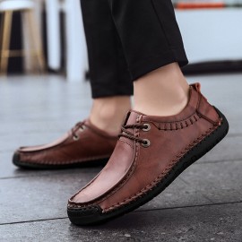 Men Cowhide Leather Hand Stitching Non Slip Soft Sole Business Casual Shoes