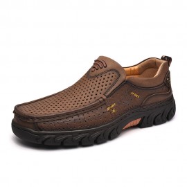 Men Cowhide Hollow Non Slip Outdoor Business Casual Slip On Leather Shoes