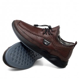 Men Winter Warm Plush Lining Elastic Lace Non Slip Casual Leather Flats