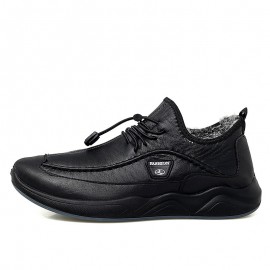 Men Winter Warm Plush Lining Elastic Lace Non Slip Casual Leather Flats