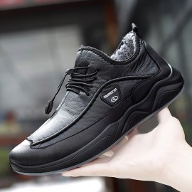 Men Winter Warm Plush Lining Elastic Lace Non Slip Casual Leather Flats